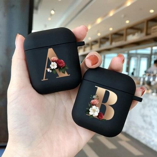 Cute Floral Gold Initial alphabet Letter AirPods Case For Airpod 2 1Cases Silicone Wireless Bluetooth Earphone Cover Matte Black