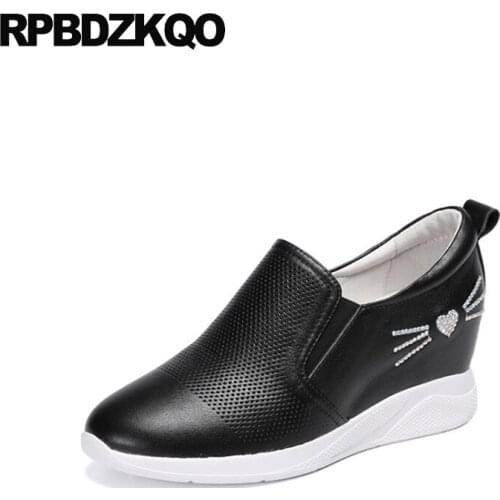 Slip On Round Toe Black Embroidered White Luxury Brand Women Shoes 2019 Genuine Leather Size 4 34 High Heels Pumps Runway Hidden