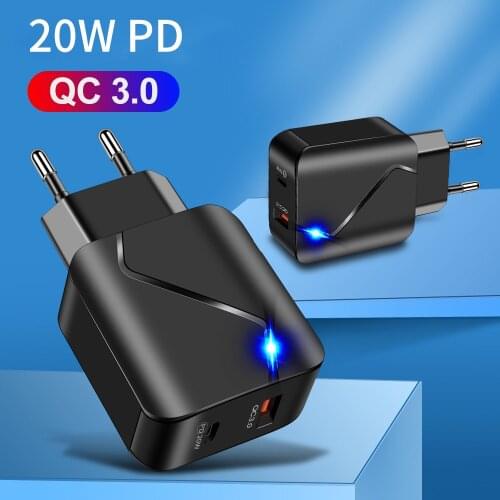 20W Quick Charge 3.0 QC PD Charger QC3.0 USB Type C Glowing Fast Charger for iPhone 12 11 X Xs 8 Xiaomi Huawei Phone PD Charge