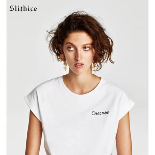 Slithice Women T-shirts White Black Short Sleeve O-neck Fashion Letter Print Casual Cotton Summer female t shirt tops tees