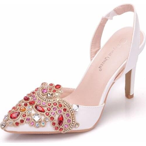 Women sandals wedding Party PU Rhinestones Slip On 9CM Thin High heels Pointed Toe women shoes sandalias mujer 2020 size 35-42