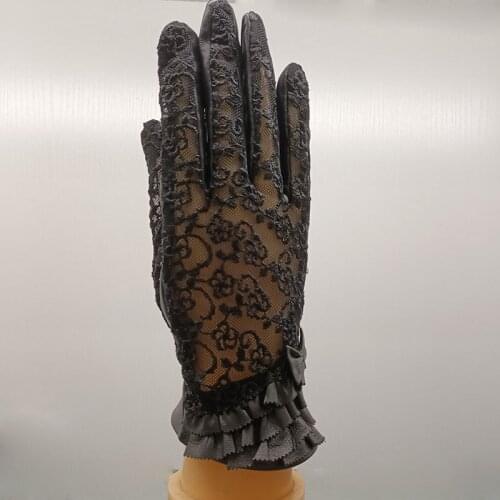 Women Autumn Genuine Leather Glove With Lace Long Finger Female Fashion Mittens Real Sheepskin Leathers Gloves