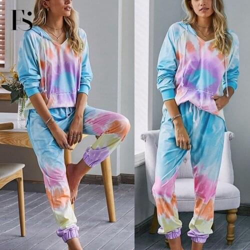 2020 Autumn Tie-dye Pajamas Set for Women Two Pieces Tops+pants Hooded Tracksuit Women Bandage Mixed Color Night Sleep Sets