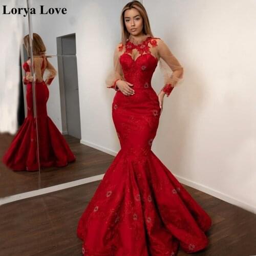 Red Long Sleeves Mermaid Evening Dresses 2020 Sexy Women Formal Party Robe De Soiree Elegant Satin Vestidos Long Prom Maxi Dress