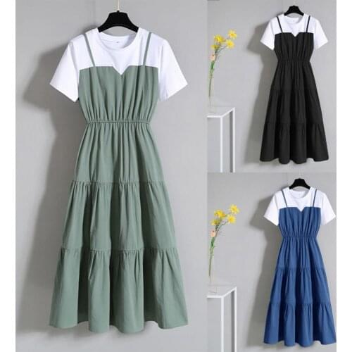 Women 2021 Chic Fashion Dress Short Sleeve O Neck Waist Tight Fake Two Piece Large Hem Knee-length Dress Mini Female Dresses