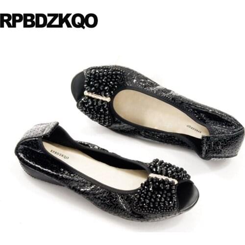 Shoes Bow Foldable Ballet Flats Patent Leather Blue Diamond 10 11 Elderly Large Size Peep Toe Black Rhinestone Ballerina Women