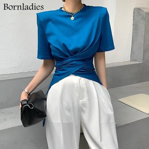 Bornladies 2021 Summer Chic Short Sleeve Women Solid T-shirts Female Stylish Slim Waist Loose O-neck Tops Shirts Ladies Tees