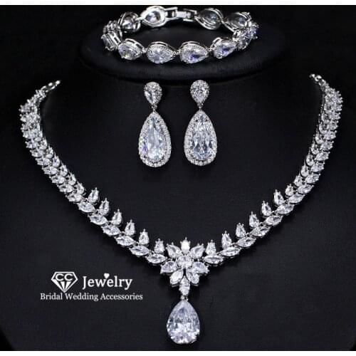 CC Bridal Jewelry Sets Necklace Drop Earrings Bracelet Silver 3pcs Wedding Jewellry Engagement Leaf Shape Cubic Zircon T0122