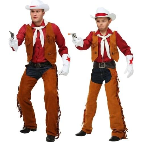 Children Adult Cowboy Cosplay Costumes Halloween Party Masquerade Men Wild West Fancy Cowboy Vest Cap Scarf Outfits