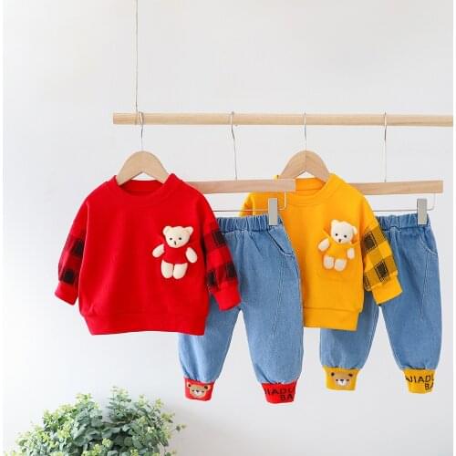 0-4T Baby Girls Boys Clothing Sets 2021 Spring Children Cartoon Bear T Shirt Jeans Toddler Infant Children Kids Clothes