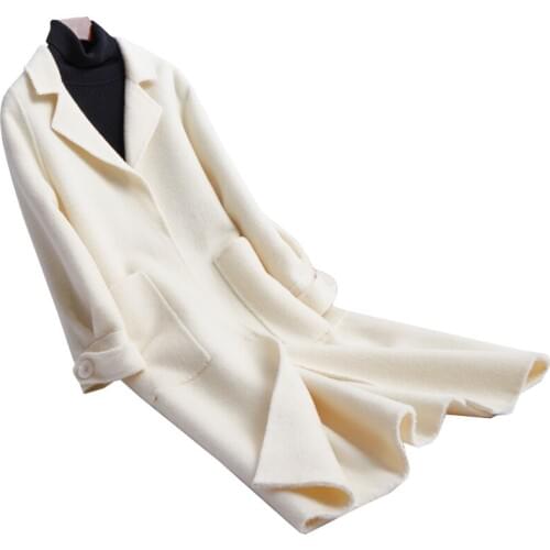 Double-sided flannel women fashion mid-long overcoat cloak-style covered button white EU/S-2XL retail wholesale