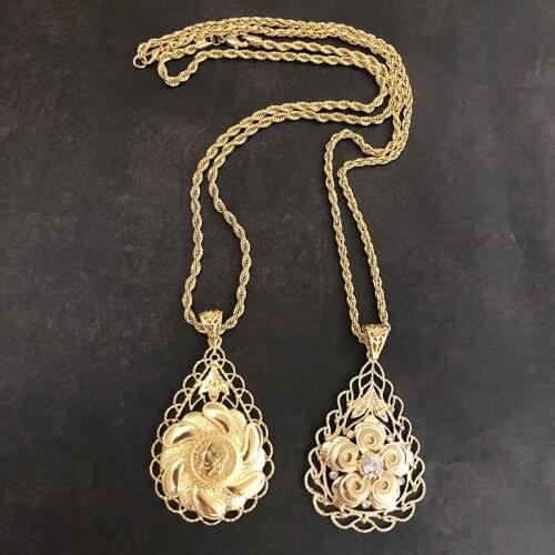Ethnic Jewelry Coin Pendant Necklace Long Chain Gold Necklace Crystle Hollow Flower French Bride Jewelry Pendants