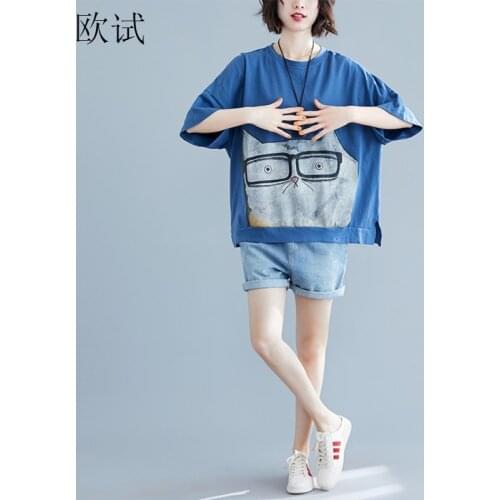 Plus Size Kawaii Cartoon Cat Print Tshirt graphic tees Women Loose Cotton Short Sleeve T Shirt 2019 Summer Casual T-shirt Tops