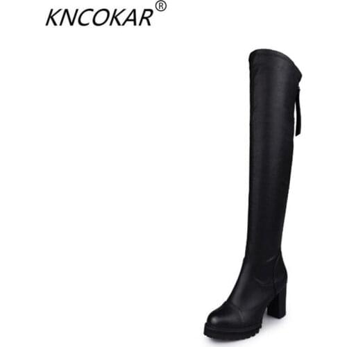 KNCOKAR 2018 New style womens long high leg boots spring leather boots thick heel womens boots tall heel thin leg boots