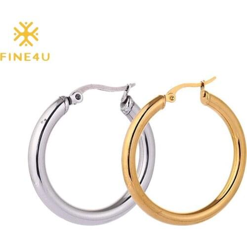 FINE4U E224 Lightweight Chunky Open Hoops Gold Color 30/40/50MM Hoop Earrings for Women
