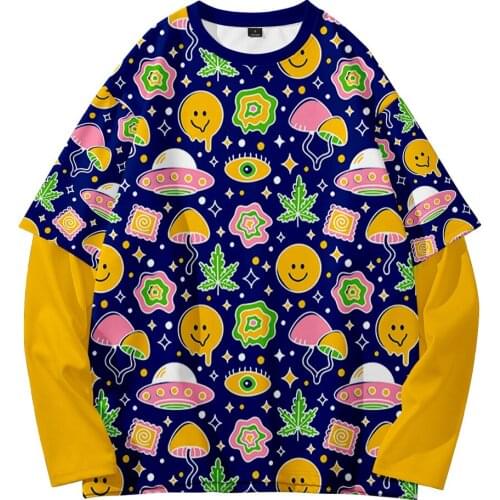 Cartoon UFO Summer Retro Trend Street Fashion Round Neck Fake Two Sweatshirts
