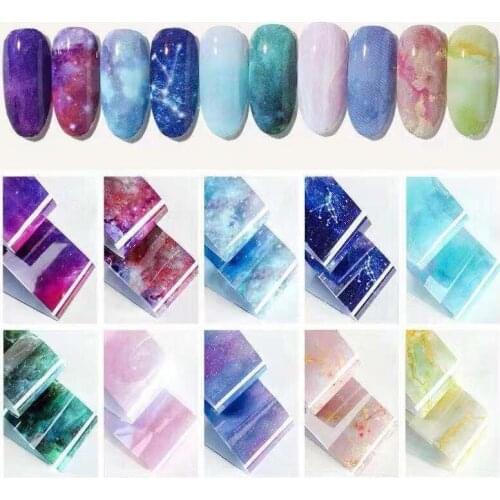 10 Designs Holographic Nail Foils Star Rainbow Sky Marble Shining Nail Art Transfer Stickers DIY Manicure Design