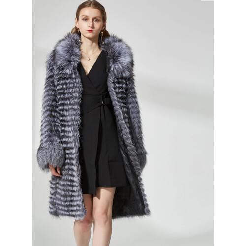 Natural Silver Fox Fur Coats Jacket Women 2020 New Fashion Winter Overcoat Striped Style Long Outwear