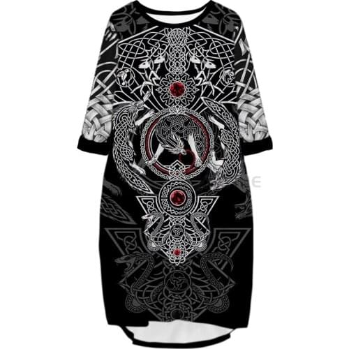 New Fashion 3D Print Long Viking Tattoo Pocket Loose Casual Robe Summer Dress Traf For Women V9