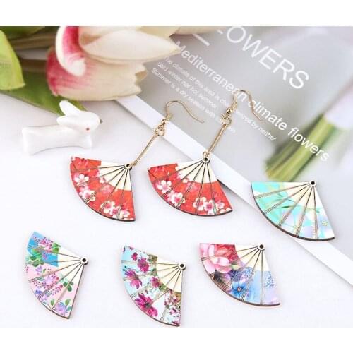 50pcs/lot color flower decoration geometric shape wood charms diy jewelry making earrings accessory