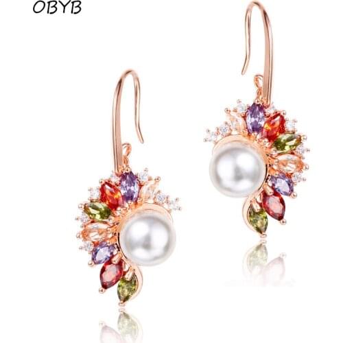 New Rose Gold Earring Hooks Luxury Crystal Zircon Pearl Earrings For Women Jewelry Dangle Earrings brincos pendientes bijoux