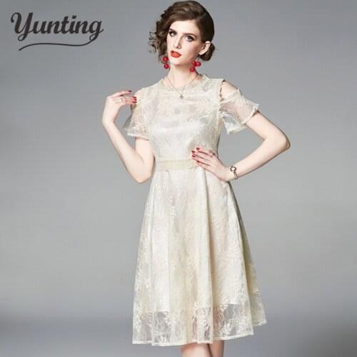 New 2019 Summer Fashion Europe Style O-neck Knee Length Women Casual Lace Dress High Quality Ladies Party Dresses