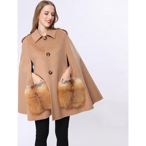Missjanefur Woolen Poncho Women Real Fox Fur Pocket Fashion Loose Cashmere Cape Coat 2020 Winter