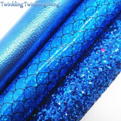 BLUE Chunky Glitter Canvas Sheet, 8"x11" Glitter Sheets, Mermaid Faux Leather Sheet, Hair Bow & Earring Fabric XM004