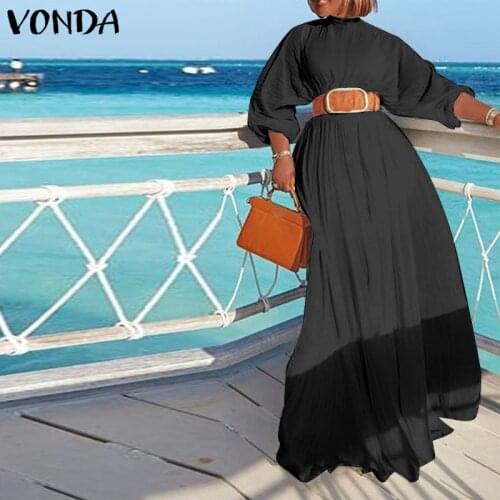 Loose Dress 2021 Casual Long Sleeve Mock Neck Pleated Dresses VONDA Women Bohemian Vestidos Oversized Elegant Robe Femme