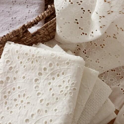 Machine Embroidery Sewing Fabric Pure White Hollow Lace Cotton Wedding Dress Fabric Embroidered Fashion Clothing Dress Fabric