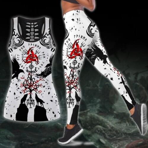Viking Odin Raven 3D Printed Hollow Tank Top & Leggings Set Fitness Female Full Length Leggings Comfortable Yoga Pants LKB-13