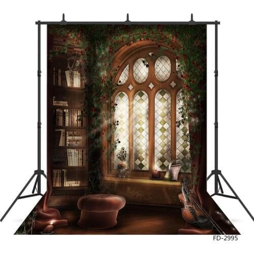 Vintage Arch Window Bookshelf Violin Flower Wall Photo Backdrop Vinyl Background Studio for Children Baby Photography Photophone