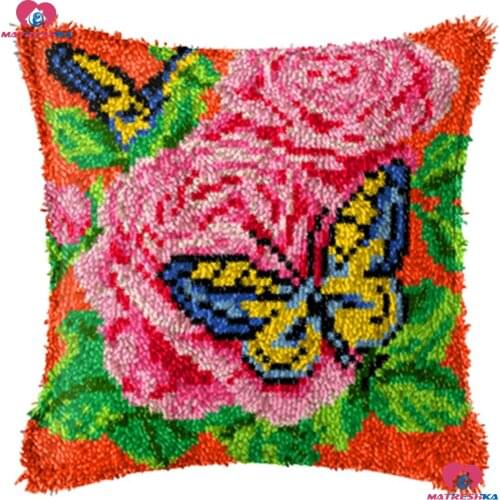 Butterfly Latch Hook kits Cushion Latch Hook Rug Kits Pillowcase DIY Needlework Unfinished Handmade Embroidery Printed Canvas