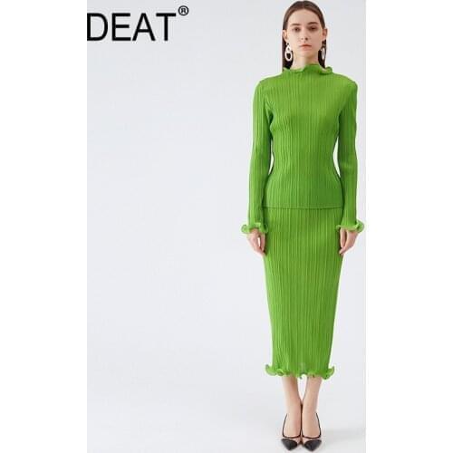 DEAT Pleated Suit Woman Green Solid Fungus Full Sleeve Slim T Shirts + Pick Hip Elegant Skirt Casual Style 2021 Autumn 15HT073