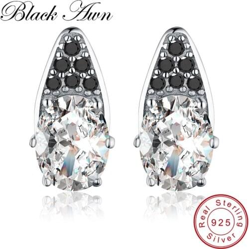 [BLACK AWN] Genuine 925 Sterling Silver Jewelry Flower Black Spinel Stone Wedding Stud Earrings for Women T134