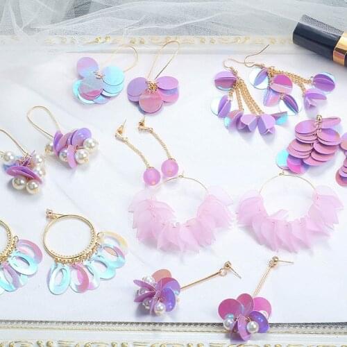 LOVOACC Multiple Korean Laser Purple Color Sequin Earrings for Women Simulated Pearl Yarn Glitter Circle Flower Drop Earrings
