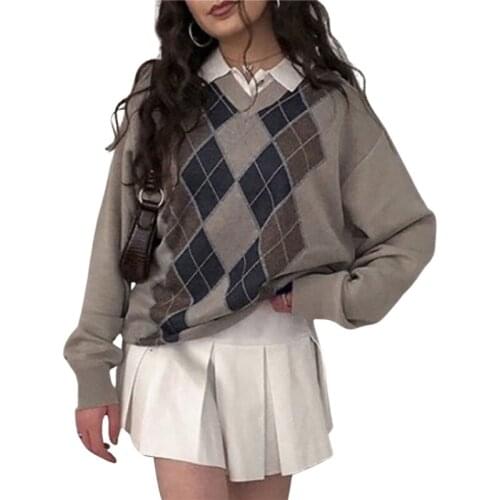 Women Vintage Argyle Plaid Sweaters Oversized Harajuku Aesthetic Pullovers Streetwear Knitwear