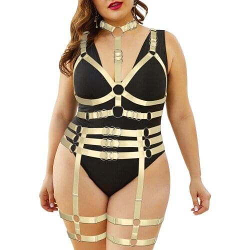 Harajuku Plus Size Lingerie Set Tops Busty Women Full Body Bondage Harness Fashion Hollow Cage Bra Goth Suspenders Belt Garters