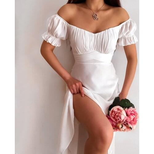 2021 New Style Women’s Casual Short Sleeve Long Dress Ladies Elegant Solid Color Off-shoulder High Waist Bandage Chiffon Dress