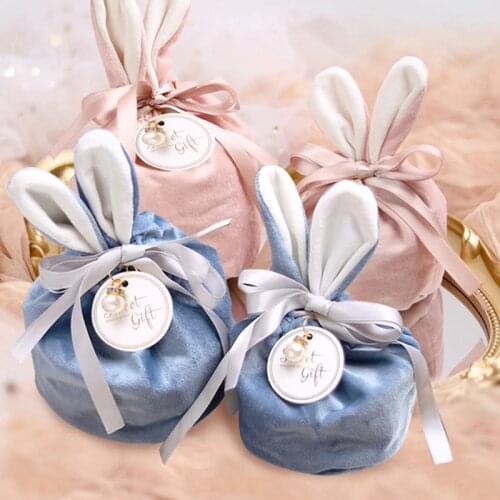 10pcs Easter Cute Rabbit Gift Packing Bags Velvet Valentines Day Chocolate Candy Bags Wedding Birthday Party Jewelry Organizer