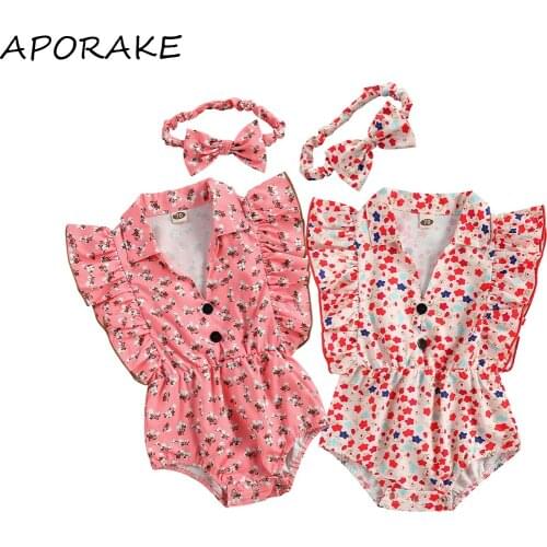 2021 0-18M Cute Infant Baby Girl Playsuit Floral/Stars Full Print Ruffle Button Turn-down Neck Romper+Headband Summer Outfit