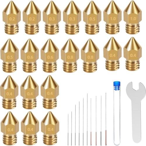 31Pcs MK8 Nozzles Kit Cleaning Needle M6 Brass Nozzle 3D Printer Part Stainless Steel Cleaning Needle 0.4mm 1.75mm