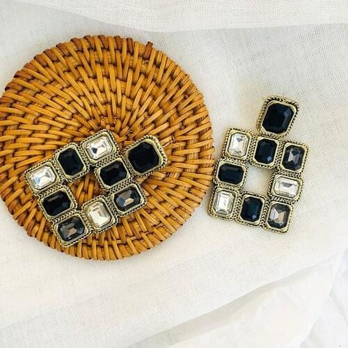 AMORCOME Vintage Black White Crystal Drop Earrings Jewelry Accessories For Women Fashion Geometric Square Pendientes Bijoux Gift