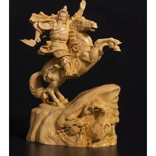 15CM Guan Yu Wood Statue Boxwood Carving Wealth God Lucky Riding Guan Gong Feng Shui Fortune Town Home Decoration