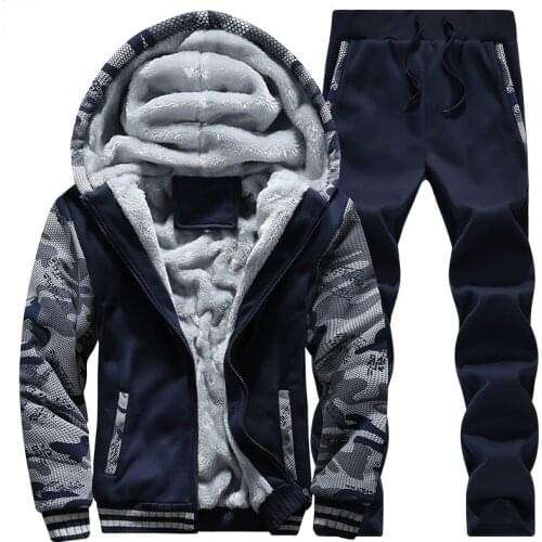 Fleece Winter Tracksuit Men Set Streetwear Mens Hoodie Sets Camouflage Thick Hooded Jacket Male Patchwork Moleton Masculino