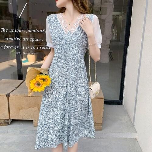 Jielur Lace Chiffon Floral V-neck Dresses Korean Style Hollow Out Short-sleeved Blue Dresses Women A-line Pleated Skirts S-XXL