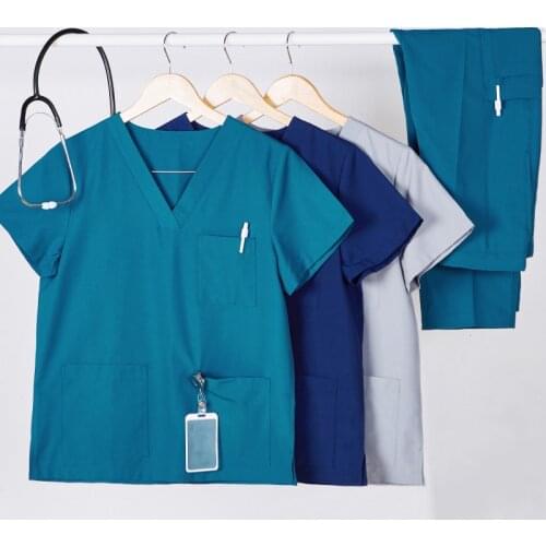 Solid Scrub Set Nurse Uniform Workwear Nursing Doctor Scrubs Uniforms V Neck Drawstring Waist Polyester Cotton Scrub Sets 8020-2