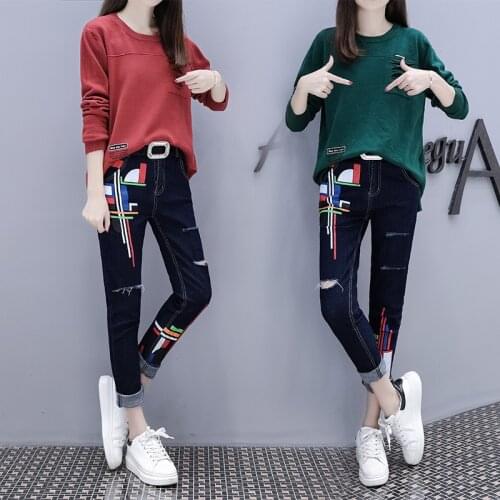 Set womens long-sleeved sweater jeans two-piece large size womens temperament was thin fashion casual 2018 autumn and winter