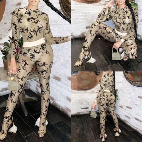 Summer Womens Fashion Sportswear Fashion Printing Mesh Perspective Long-Sleeved Shirt and Trousers Suit