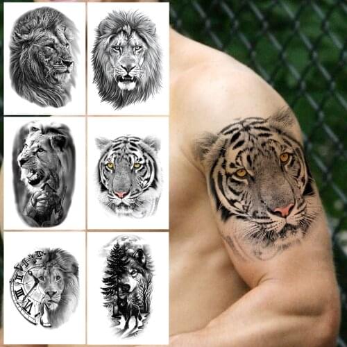 Fashion Tiger Temporary Tattoo For Mem Women Adult Realistic Fake Lion Compass Tattoos Sticker Black Forest Wolf Tatoos Forearm